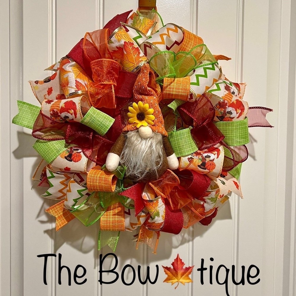 13 inch Ribbon Wreath Fall Autumn Thanksgiving Gnome MW2